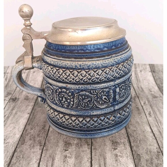 Vintage Gerz W Germany Lidded Beer Stein Cobalt Blue Lion Relief Stoneware... - Picture 2 of 11